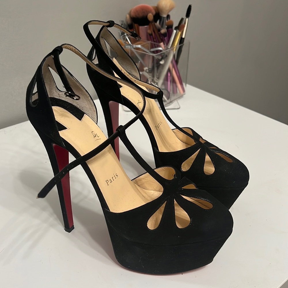 Christian Louboutin Black Suede Amyada 160 T-Strap Platform heels